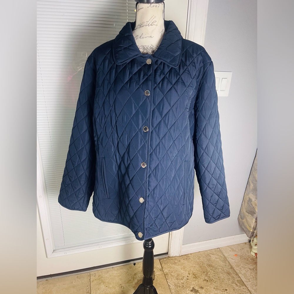 London Fog Navy Blue Logo Gold Snap Button Preppy Quilted Jacket Sz XXL